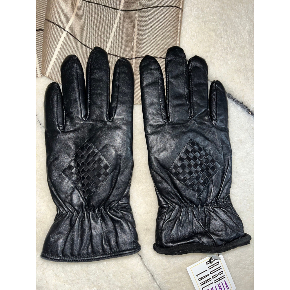 Vintage Black Genuine Leather Winter Gloves with Diamond Checker Detail Small
